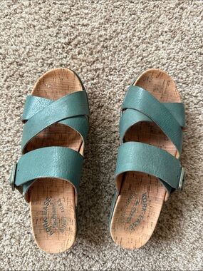 Kork-Ease Teal Green Leather Cross-Strap Slide Sandals